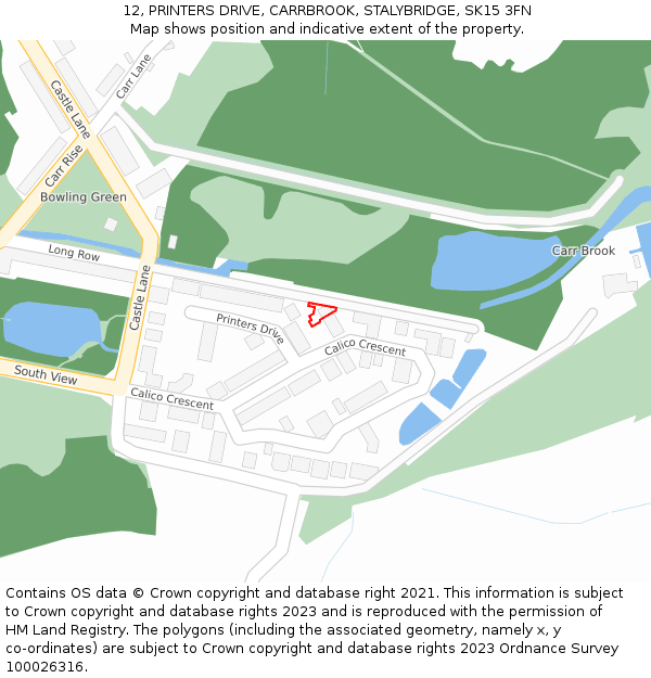 12, PRINTERS DRIVE, CARRBROOK, STALYBRIDGE, SK15 3FN: Location map and indicative extent of plot
