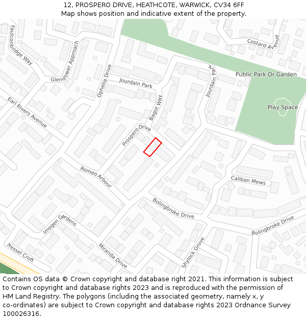 12, PROSPERO DRIVE, HEATHCOTE, WARWICK, CV34 6FF: Location map and indicative extent of plot