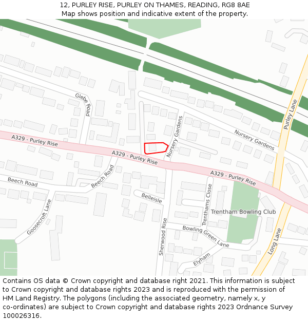 12, PURLEY RISE, PURLEY ON THAMES, READING, RG8 8AE: Location map and indicative extent of plot