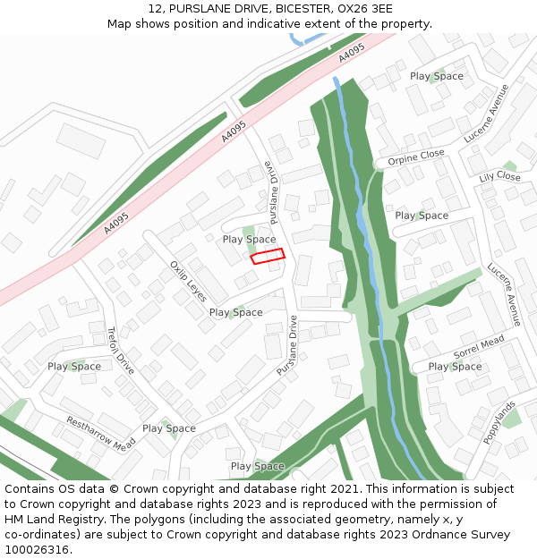 12, PURSLANE DRIVE, BICESTER, OX26 3EE: Location map and indicative extent of plot