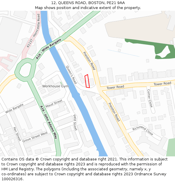 12, QUEENS ROAD, BOSTON, PE21 9AA: Location map and indicative extent of plot
