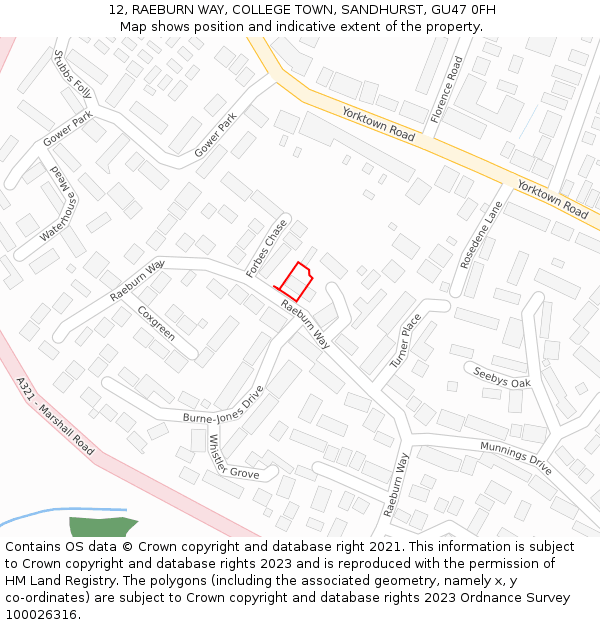12, RAEBURN WAY, COLLEGE TOWN, SANDHURST, GU47 0FH: Location map and indicative extent of plot