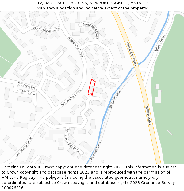 12, RANELAGH GARDENS, NEWPORT PAGNELL, MK16 0JP: Location map and indicative extent of plot
