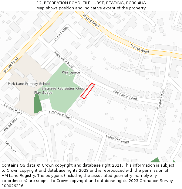 12, RECREATION ROAD, TILEHURST, READING, RG30 4UA: Location map and indicative extent of plot