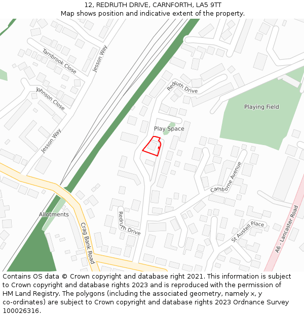 12, REDRUTH DRIVE, CARNFORTH, LA5 9TT: Location map and indicative extent of plot