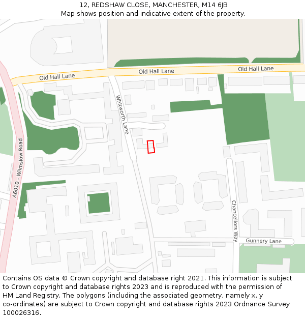 12, REDSHAW CLOSE, MANCHESTER, M14 6JB: Location map and indicative extent of plot