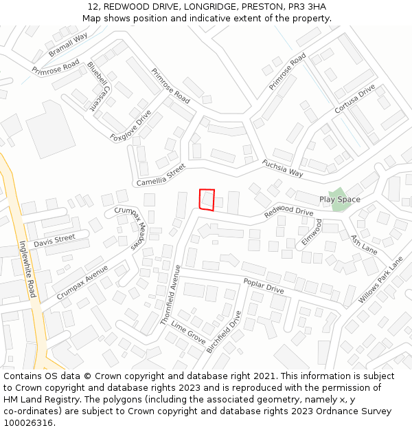 12, REDWOOD DRIVE, LONGRIDGE, PRESTON, PR3 3HA: Location map and indicative extent of plot