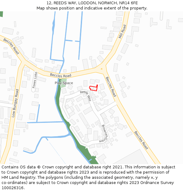 12, REEDS WAY, LODDON, NORWICH, NR14 6FE: Location map and indicative extent of plot