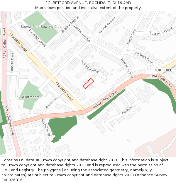 12, RETFORD AVENUE, ROCHDALE, OL16 4AD: Location map and indicative extent of plot
