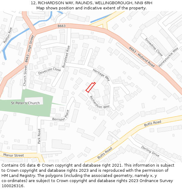 12, RICHARDSON WAY, RAUNDS, WELLINGBOROUGH, NN9 6RH: Location map and indicative extent of plot