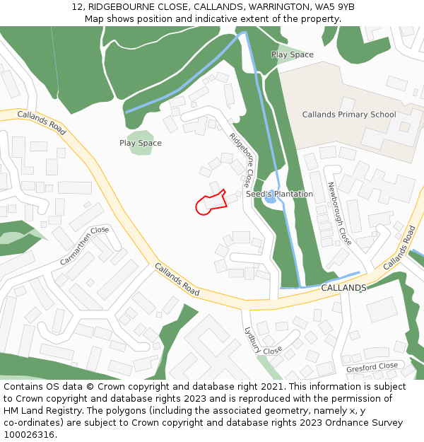 12, RIDGEBOURNE CLOSE, CALLANDS, WARRINGTON, WA5 9YB: Location map and indicative extent of plot