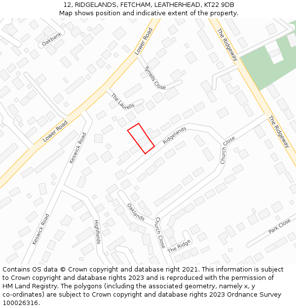 12, RIDGELANDS, FETCHAM, LEATHERHEAD, KT22 9DB: Location map and indicative extent of plot