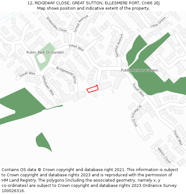 12, RIDGEWAY CLOSE, GREAT SUTTON, ELLESMERE PORT, CH66 2EJ: Location map and indicative extent of plot
