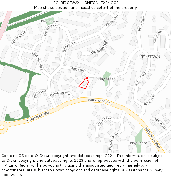 12, RIDGEWAY, HONITON, EX14 2GF: Location map and indicative extent of plot