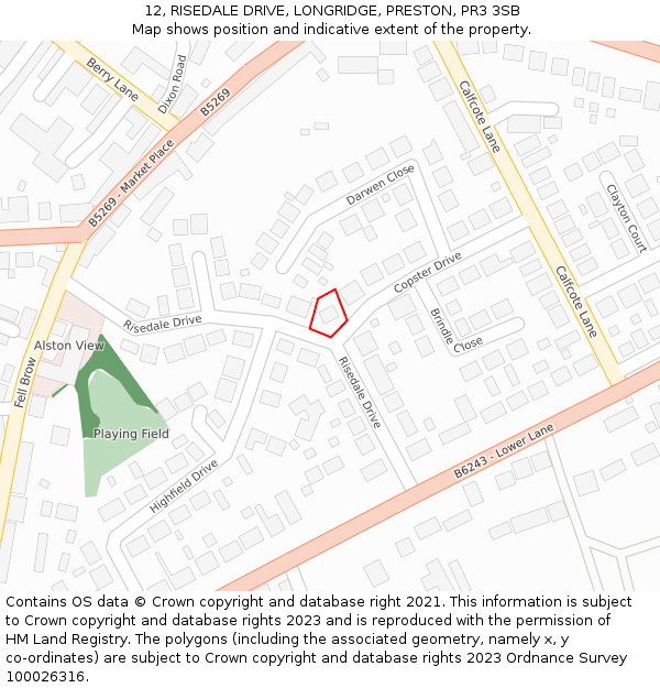 12, RISEDALE DRIVE, LONGRIDGE, PRESTON, PR3 3SB: Location map and indicative extent of plot