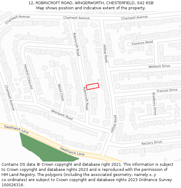 12, ROBINCROFT ROAD, WINGERWORTH, CHESTERFIELD, S42 6SB: Location map and indicative extent of plot