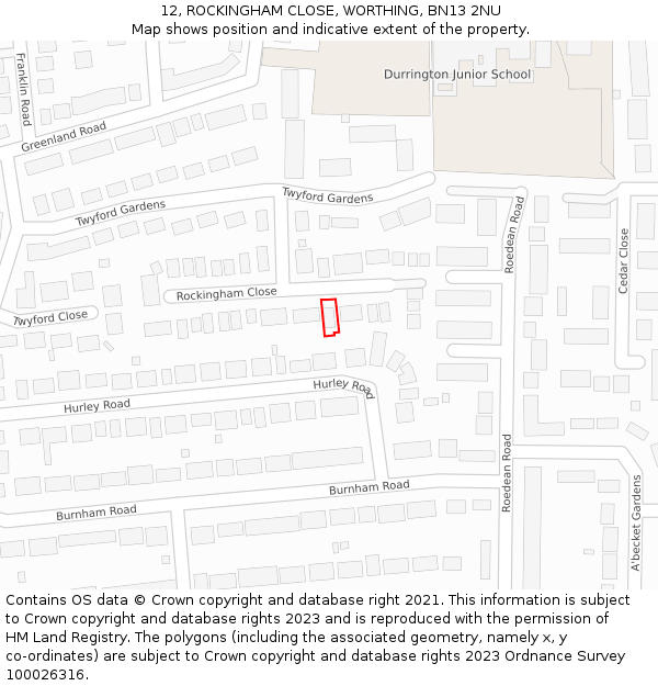 12, ROCKINGHAM CLOSE, WORTHING, BN13 2NU: Location map and indicative extent of plot