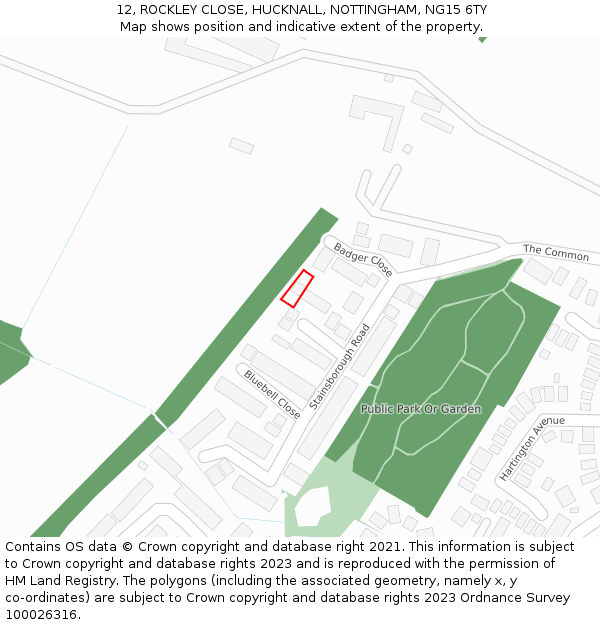 12, ROCKLEY CLOSE, HUCKNALL, NOTTINGHAM, NG15 6TY: Location map and indicative extent of plot