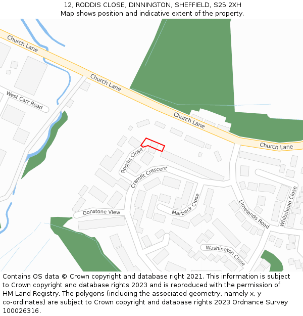 12, RODDIS CLOSE, DINNINGTON, SHEFFIELD, S25 2XH: Location map and indicative extent of plot