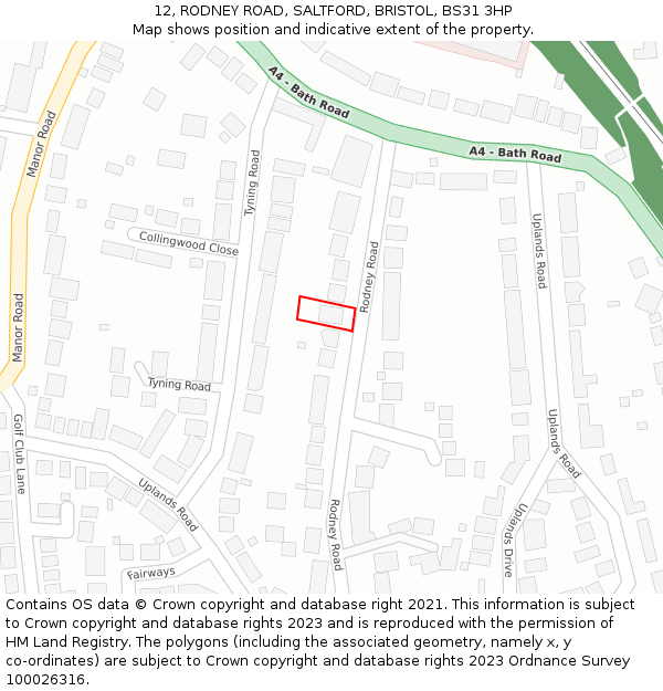 12, RODNEY ROAD, SALTFORD, BRISTOL, BS31 3HP: Location map and indicative extent of plot