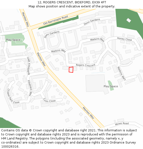 12, ROGERS CRESCENT, BIDEFORD, EX39 4FT: Location map and indicative extent of plot