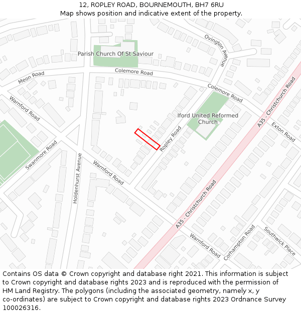 12, ROPLEY ROAD, BOURNEMOUTH, BH7 6RU: Location map and indicative extent of plot