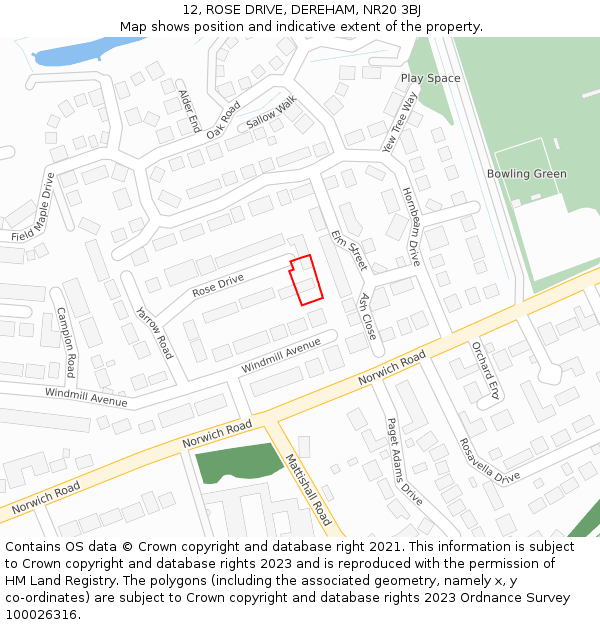 12, ROSE DRIVE, DEREHAM, NR20 3BJ: Location map and indicative extent of plot