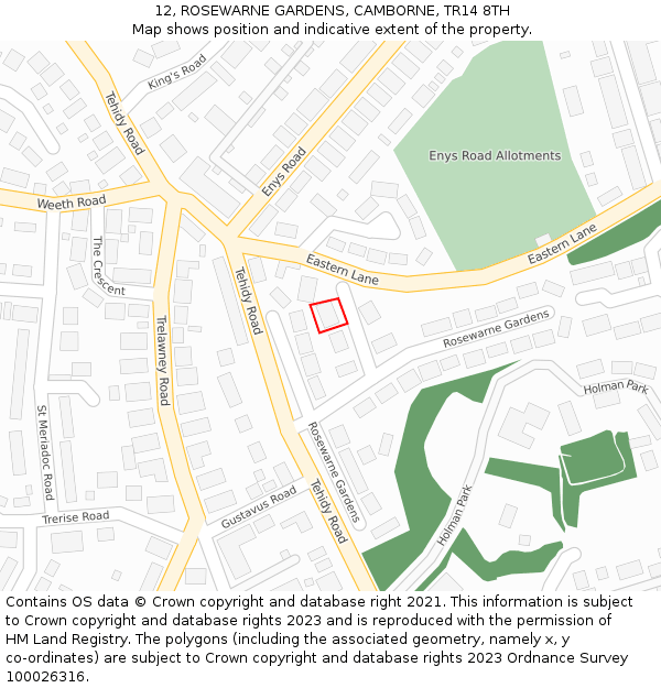 12, ROSEWARNE GARDENS, CAMBORNE, TR14 8TH: Location map and indicative extent of plot