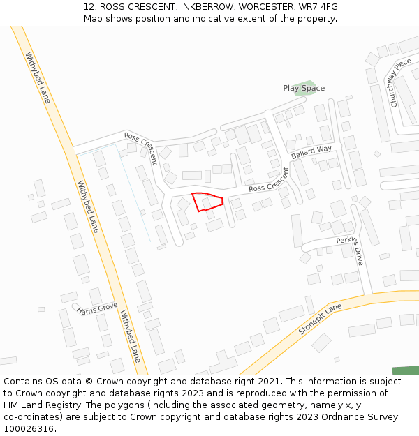 12, ROSS CRESCENT, INKBERROW, WORCESTER, WR7 4FG: Location map and indicative extent of plot