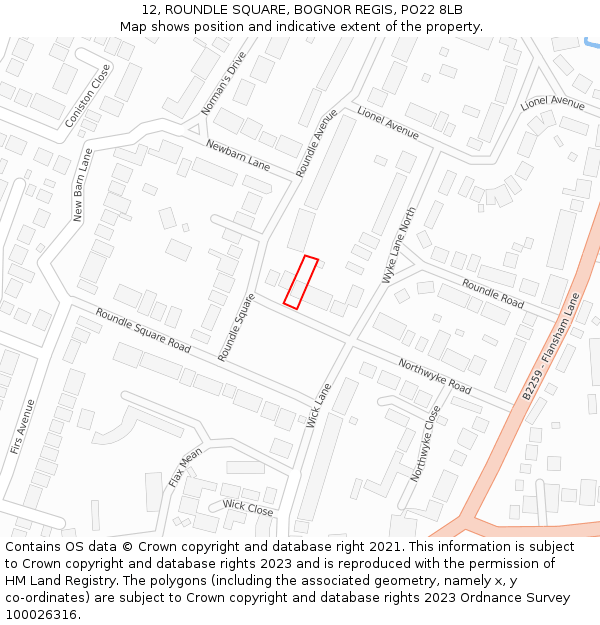 12, ROUNDLE SQUARE, BOGNOR REGIS, PO22 8LB: Location map and indicative extent of plot