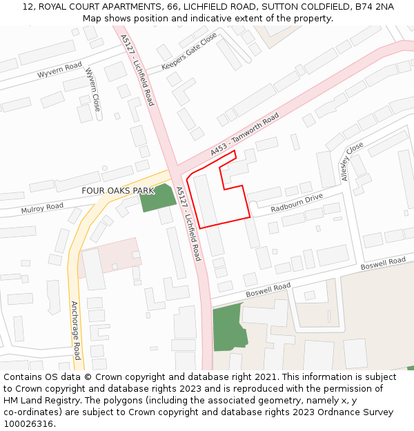 12, ROYAL COURT APARTMENTS, 66, LICHFIELD ROAD, SUTTON COLDFIELD, B74 2NA: Location map and indicative extent of plot