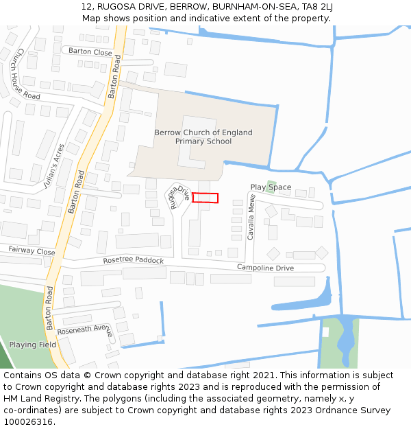 12, RUGOSA DRIVE, BERROW, BURNHAM-ON-SEA, TA8 2LJ: Location map and indicative extent of plot