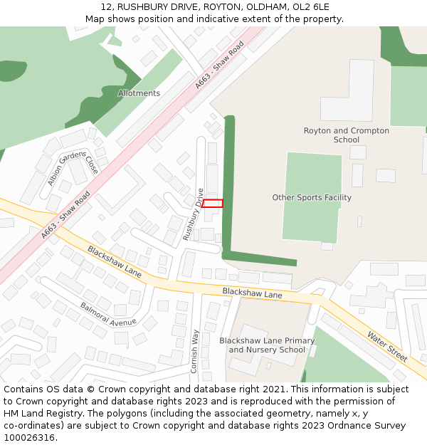 12, RUSHBURY DRIVE, ROYTON, OLDHAM, OL2 6LE: Location map and indicative extent of plot