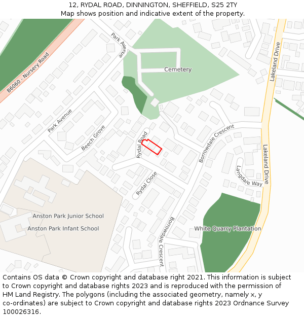 12, RYDAL ROAD, DINNINGTON, SHEFFIELD, S25 2TY: Location map and indicative extent of plot