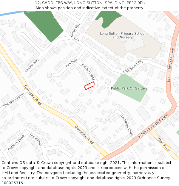 12, SADDLERS WAY, LONG SUTTON, SPALDING, PE12 9EU: Location map and indicative extent of plot