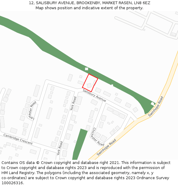 12, SALISBURY AVENUE, BROOKENBY, MARKET RASEN, LN8 6EZ: Location map and indicative extent of plot