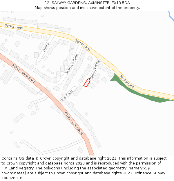 12, SALWAY GARDENS, AXMINSTER, EX13 5DA: Location map and indicative extent of plot