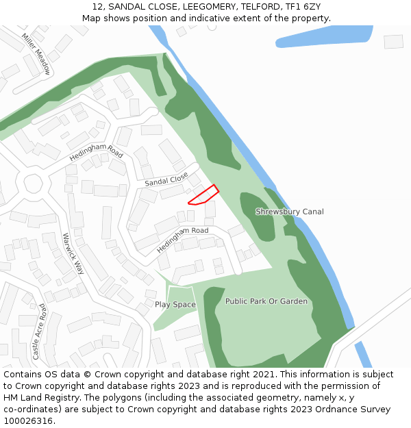 12, SANDAL CLOSE, LEEGOMERY, TELFORD, TF1 6ZY: Location map and indicative extent of plot