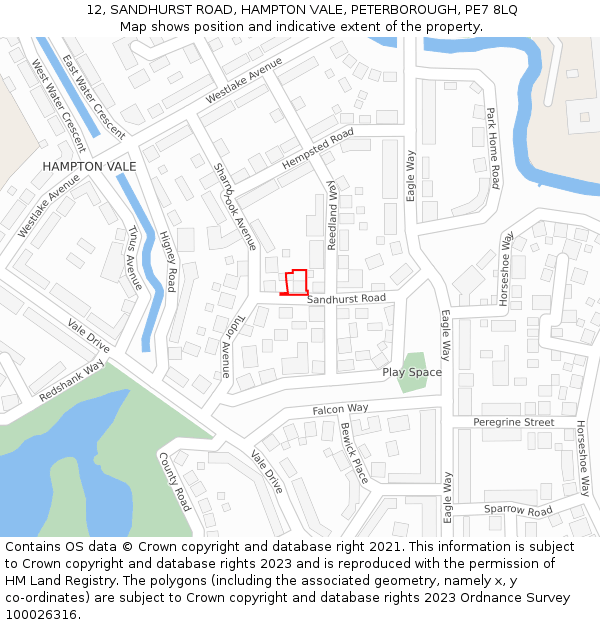 12, SANDHURST ROAD, HAMPTON VALE, PETERBOROUGH, PE7 8LQ: Location map and indicative extent of plot