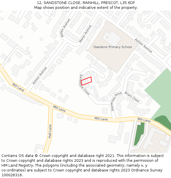 12, SANDSTONE CLOSE, RAINHILL, PRESCOT, L35 6DF: Location map and indicative extent of plot
