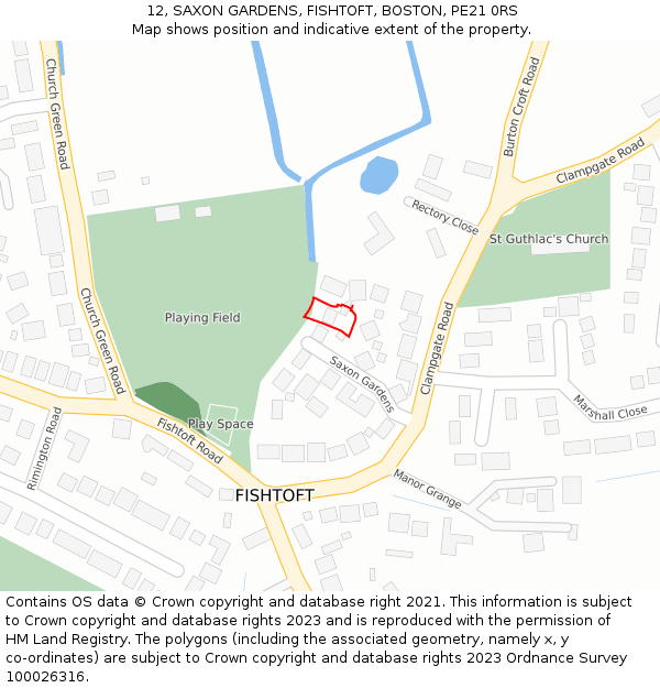 12, SAXON GARDENS, FISHTOFT, BOSTON, PE21 0RS: Location map and indicative extent of plot