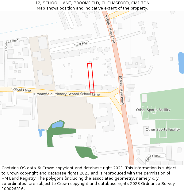 12, SCHOOL LANE, BROOMFIELD, CHELMSFORD, CM1 7DN: Location map and indicative extent of plot