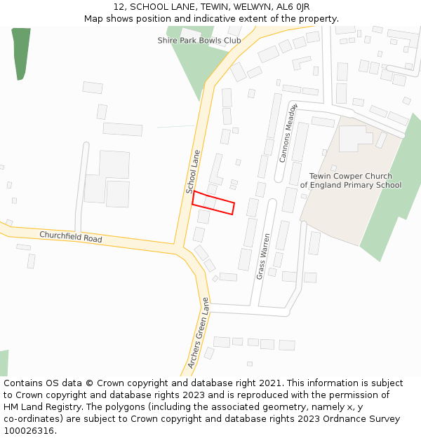 12, SCHOOL LANE, TEWIN, WELWYN, AL6 0JR: Location map and indicative extent of plot
