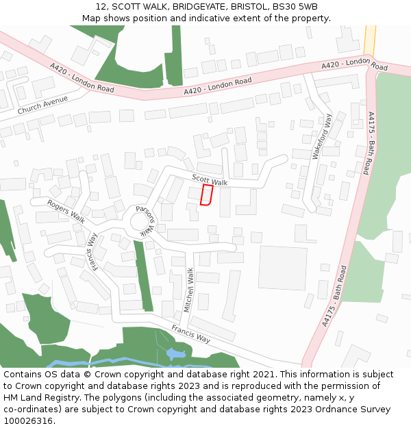 12, SCOTT WALK, BRIDGEYATE, BRISTOL, BS30 5WB: Location map and indicative extent of plot