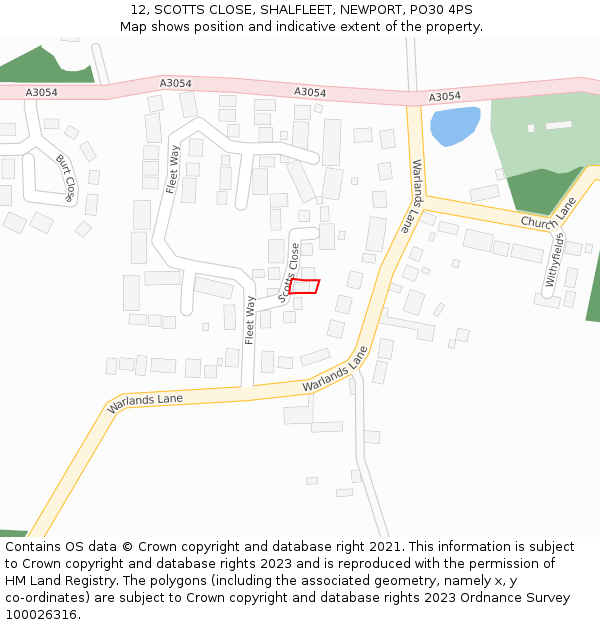 12, SCOTTS CLOSE, SHALFLEET, NEWPORT, PO30 4PS: Location map and indicative extent of plot