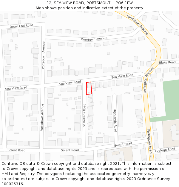 12, SEA VIEW ROAD, PORTSMOUTH, PO6 1EW: Location map and indicative extent of plot