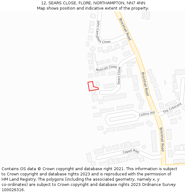 12, SEARS CLOSE, FLORE, NORTHAMPTON, NN7 4NN: Location map and indicative extent of plot