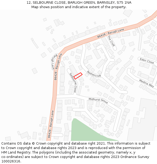 12, SELBOURNE CLOSE, BARUGH GREEN, BARNSLEY, S75 1NA: Location map and indicative extent of plot