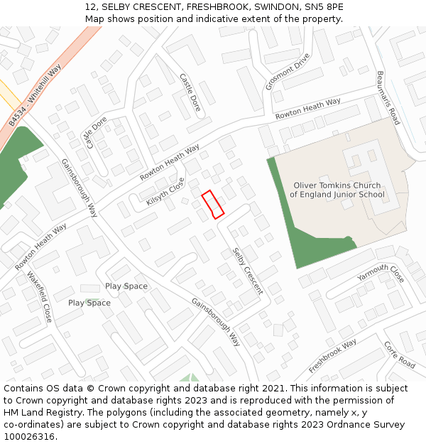 12, SELBY CRESCENT, FRESHBROOK, SWINDON, SN5 8PE: Location map and indicative extent of plot