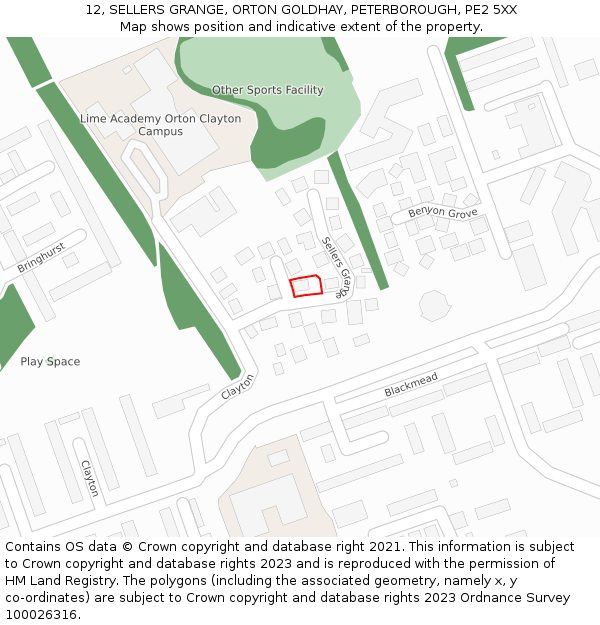 12, SELLERS GRANGE, ORTON GOLDHAY, PETERBOROUGH, PE2 5XX: Location map and indicative extent of plot